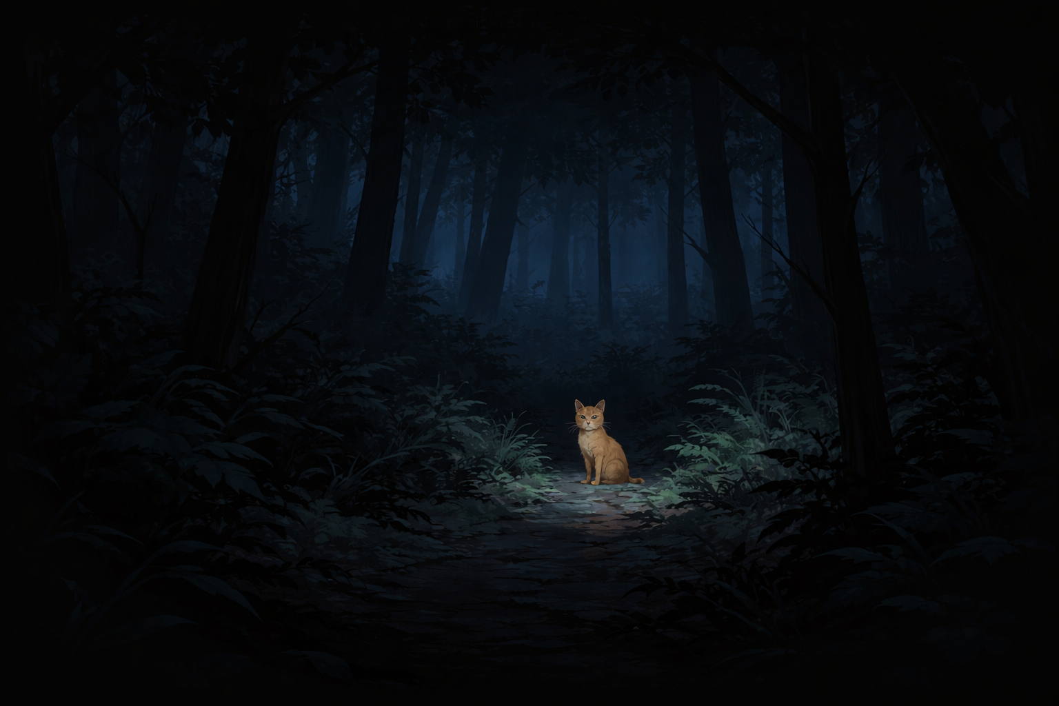 A cat barely visible in a dark forest at night