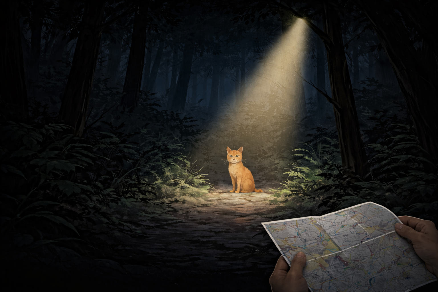 A cat illuminated by a flashlight in a dark forest, with a hand holding a map