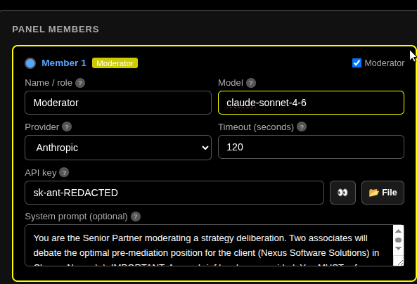 A Panel members card: Name / role, the Moderator checkbox, Provider, Model, Timeout, API key, and the System prompt (the member's role).