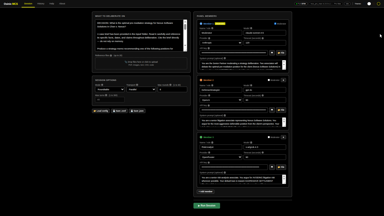The main page: the Osinix MCS title, the Session, History, Help, and About tabs, the status line, the panel, and the Run Session button.