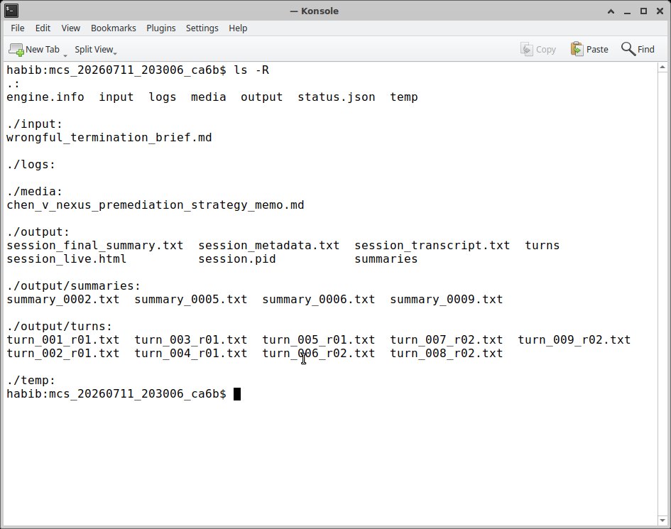 The session folder on disk: transcript, turns, summaries, and the produced memo